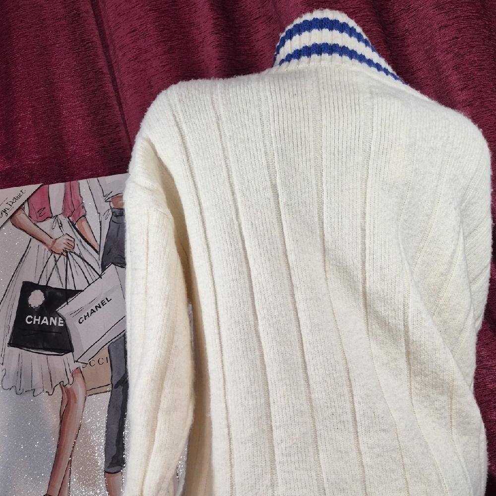 VICTORIA'S SECRET Cream Cable-Knit Cardigan with Blue Stripe and 'P' Patch NWT - Picture 7 of 7